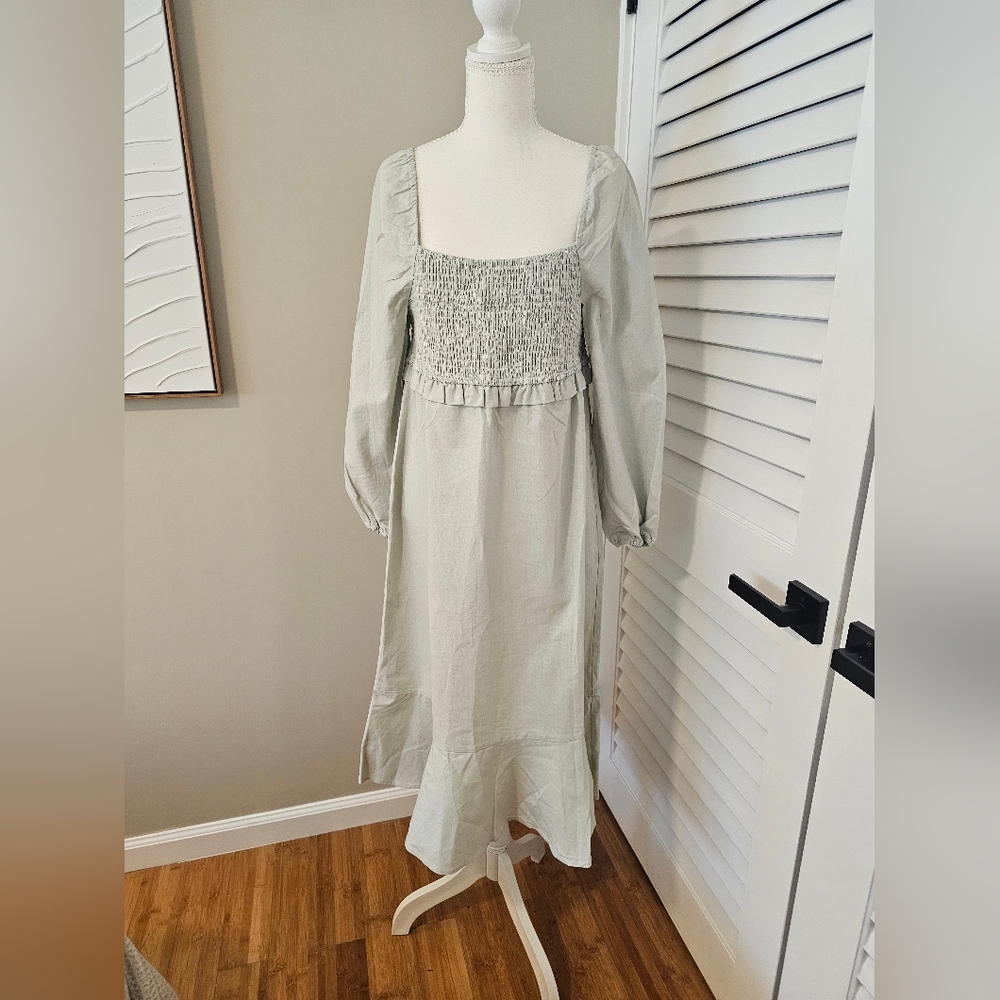 ๐โจ 7 FOR ALL MANKIND LINEN BLEND SMOCKED PUFF MIDI DRESS โจ๐๐ธ SIZE LARGE | NWT - Picture 3 of 6